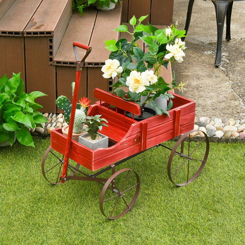 Wooden Wagon Plant Bed With Wheel for Garden Yard, Red