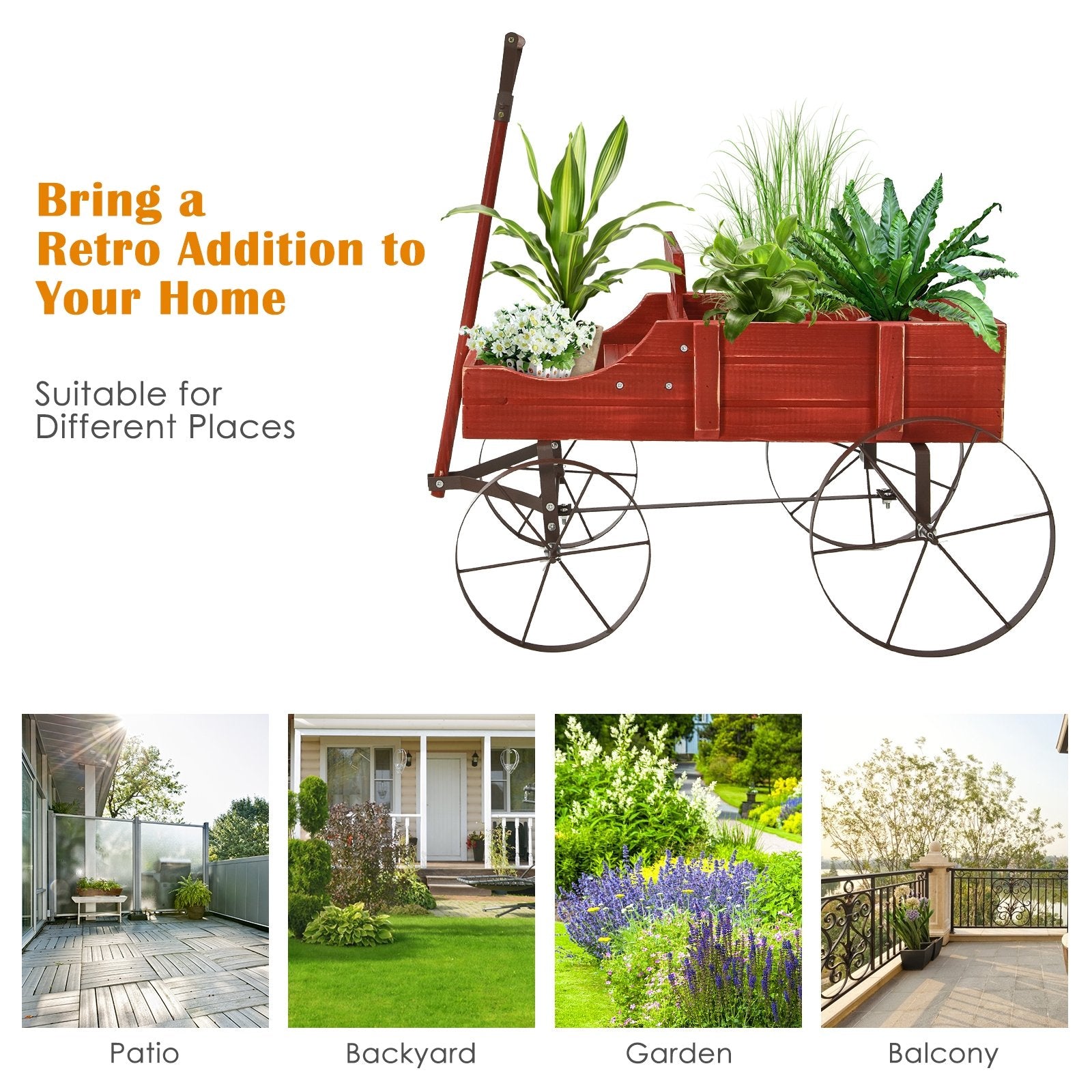 Wooden Wagon Plant Bed With Wheel for Garden Yard, Red - Gallery Canada