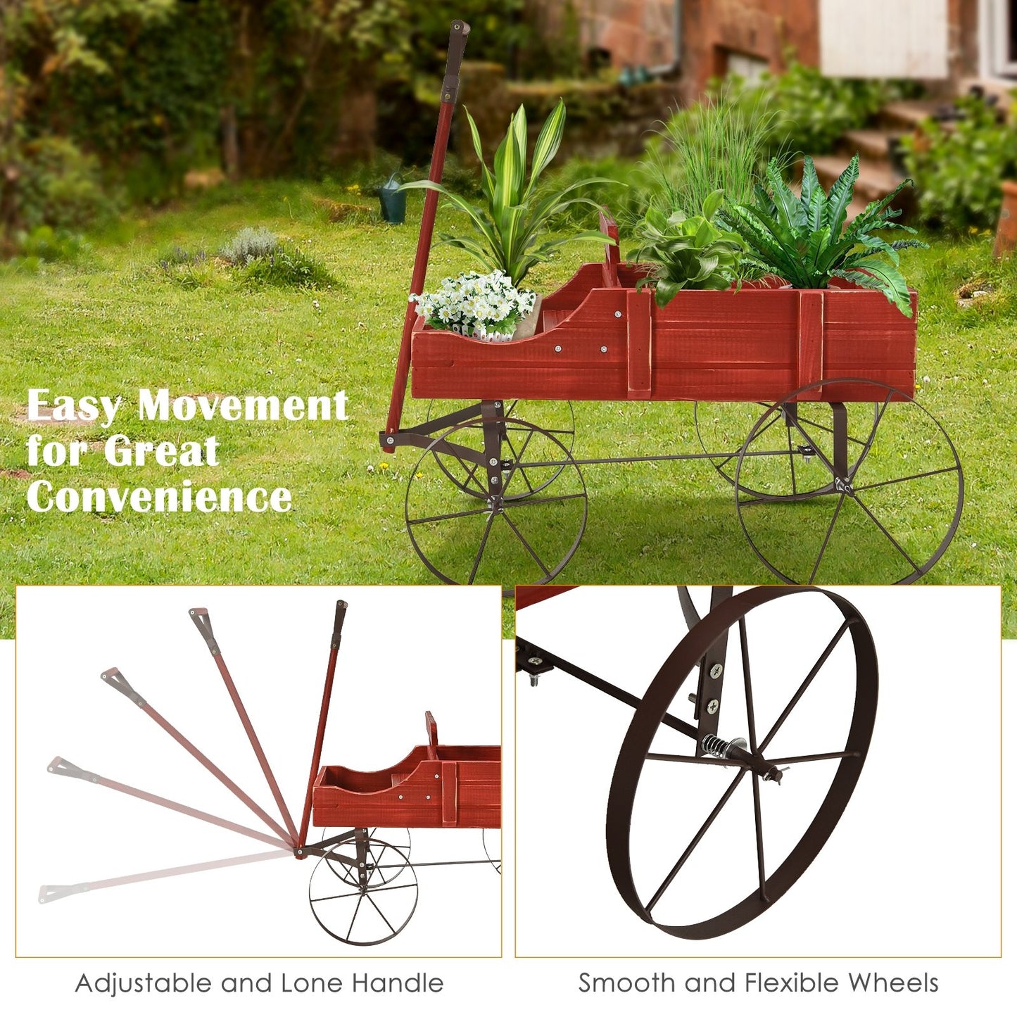 Wooden Wagon Plant Bed With Wheel for Garden Yard, Red Plant Stands   at Gallery Canada