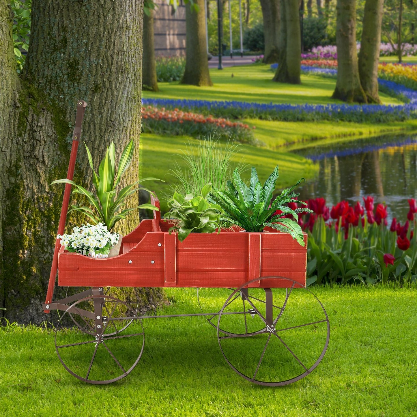 Wooden Wagon Plant Bed With Wheel for Garden Yard, Red Plant Stands   at Gallery Canada