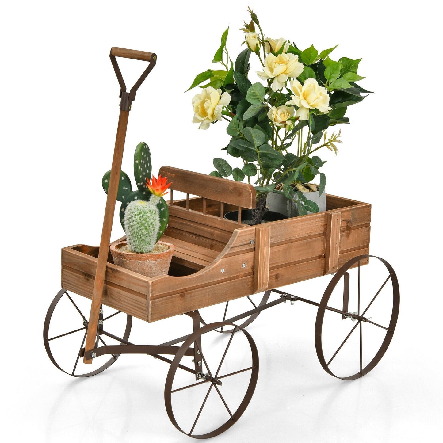 Wooden Wagon Plant Bed With Wheel for Garden Yard, Brown Plant Stands   at Gallery Canada