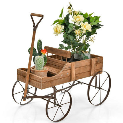 Wooden Wagon Plant Bed With Wheel for Garden Yard, Brown Plant Stands   at Gallery Canada