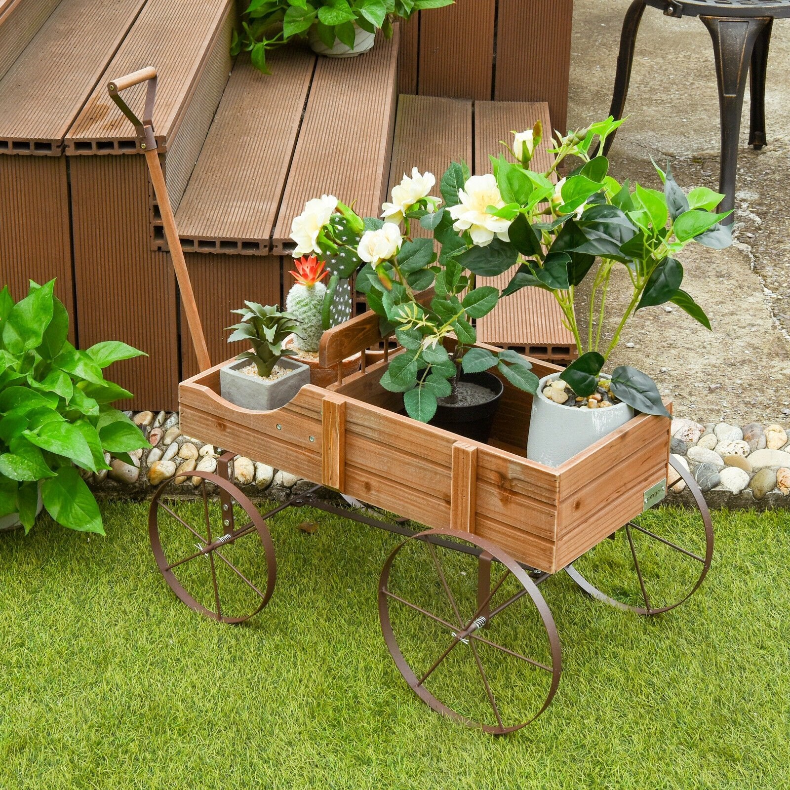 Wooden Wagon Plant Bed With Wheel for Garden Yard, Brown Plant Stands   at Gallery Canada