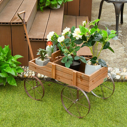 Wooden Wagon Plant Bed With Wheel for Garden Yard, Brown Plant Stands   at Gallery Canada