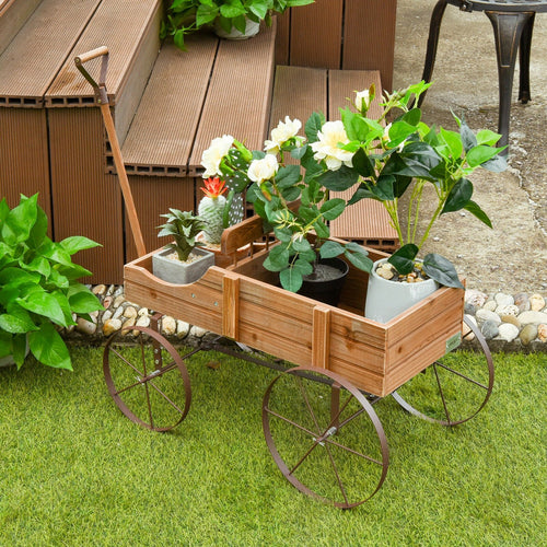 Wooden Wagon Plant Bed With Wheel for Garden Yard, Brown