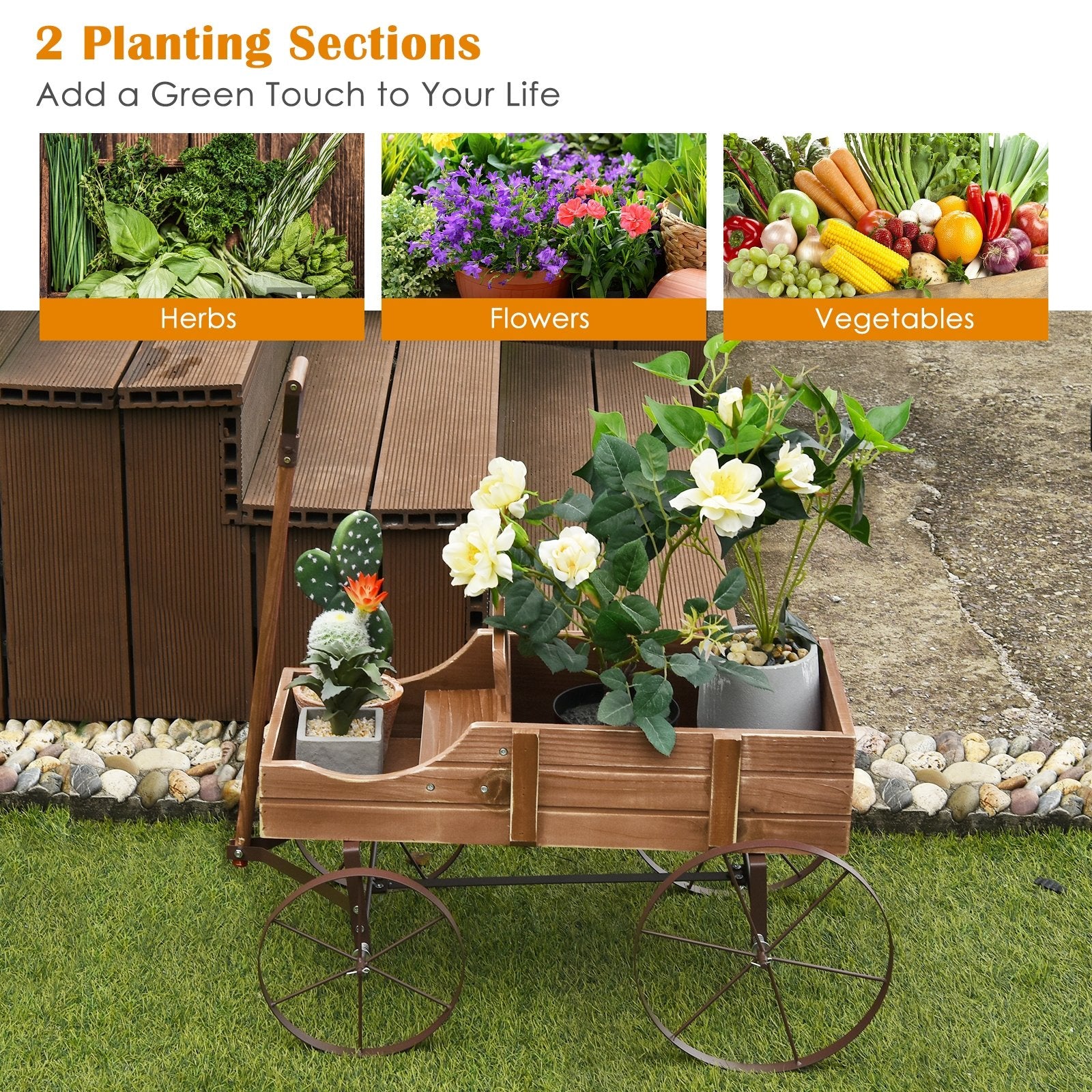 Wooden Wagon Plant Bed With Wheel for Garden Yard, Brown - Gallery Canada