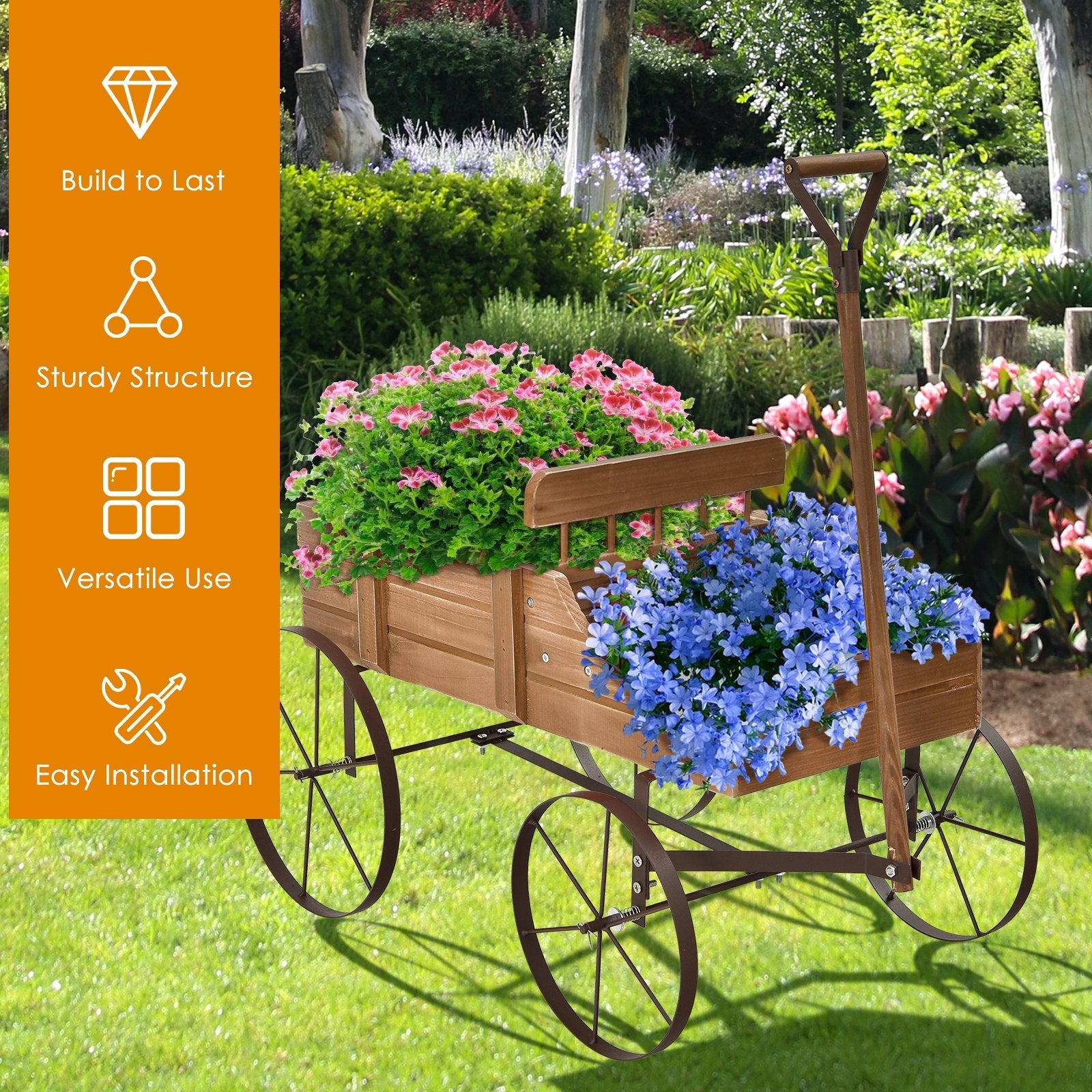 Wooden Wagon Plant Bed With Wheel for Garden Yard, Brown Plant Stands   at Gallery Canada