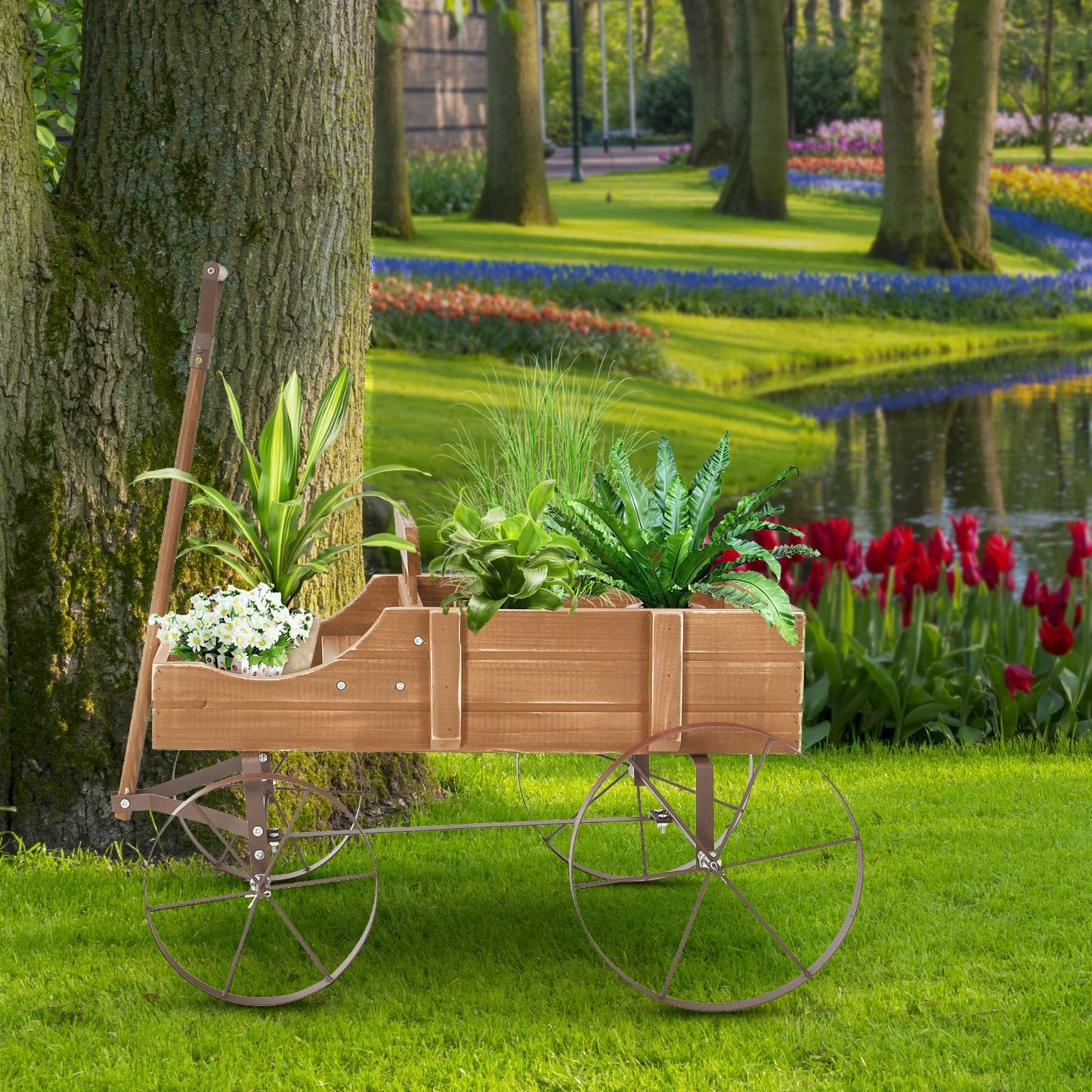 Wooden Wagon Plant Bed With Wheel for Garden Yard, Brown Plant Stands   at Gallery Canada