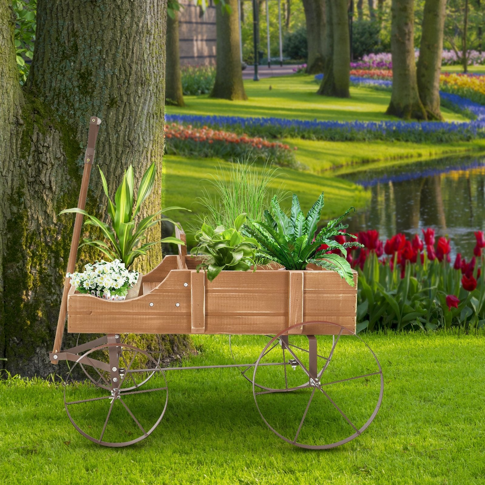 Wooden Wagon Plant Bed With Wheel for Garden Yard, Brown - Gallery Canada