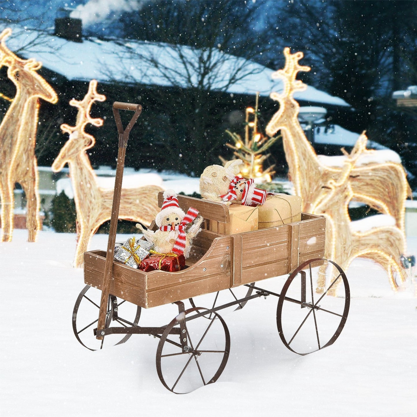 Wooden Wagon Plant Bed With Wheel for Garden Yard, Brown Plant Stands   at Gallery Canada