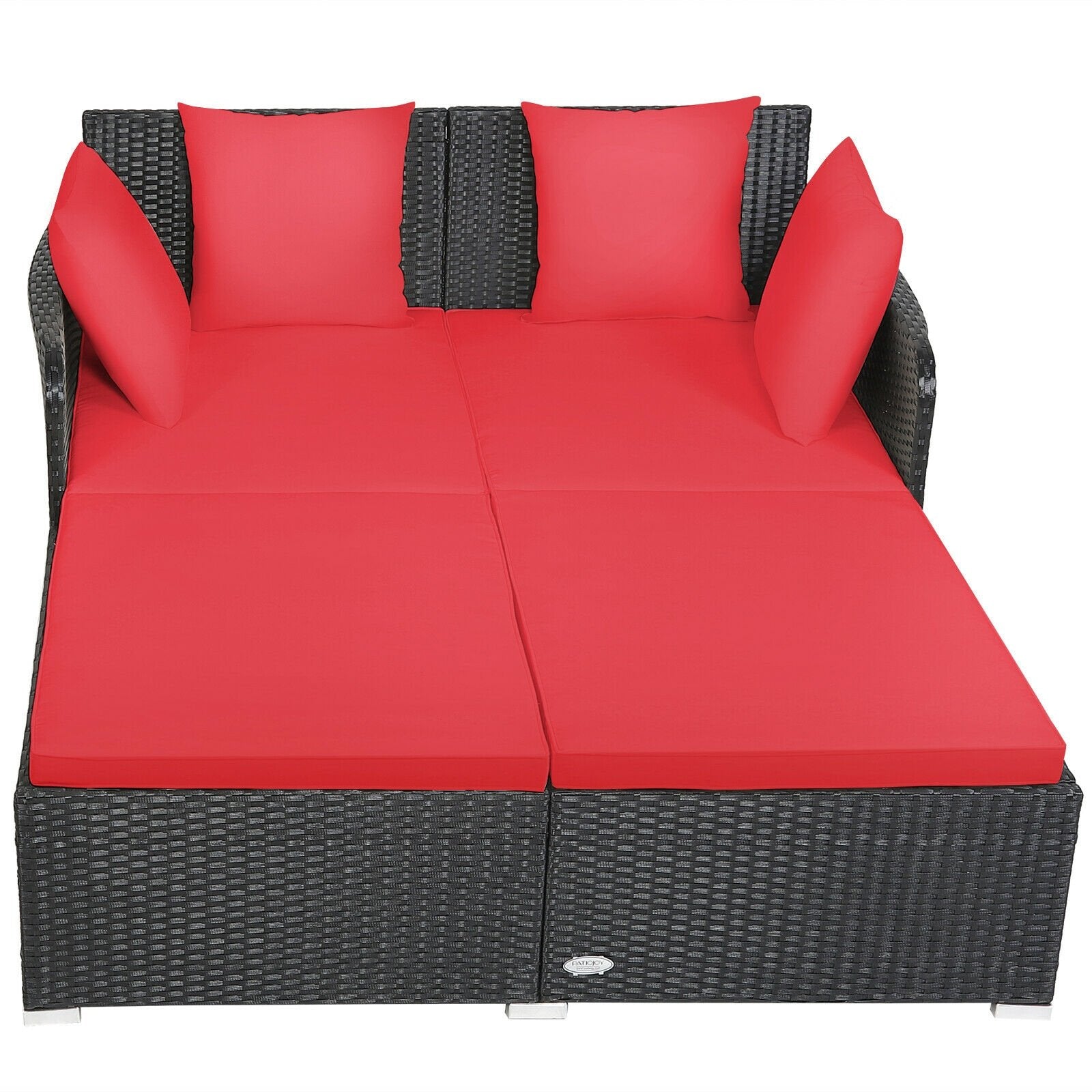 Spacious Outdoor Rattan Daybed with Upholstered Cushions and Pillows, Red Outdoor Sectionals   at Gallery Canada