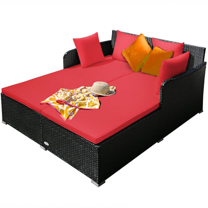 Spacious Outdoor Rattan Daybed with Upholstered Cushions and Pillows, Red Outdoor Sectionals   at Gallery Canada