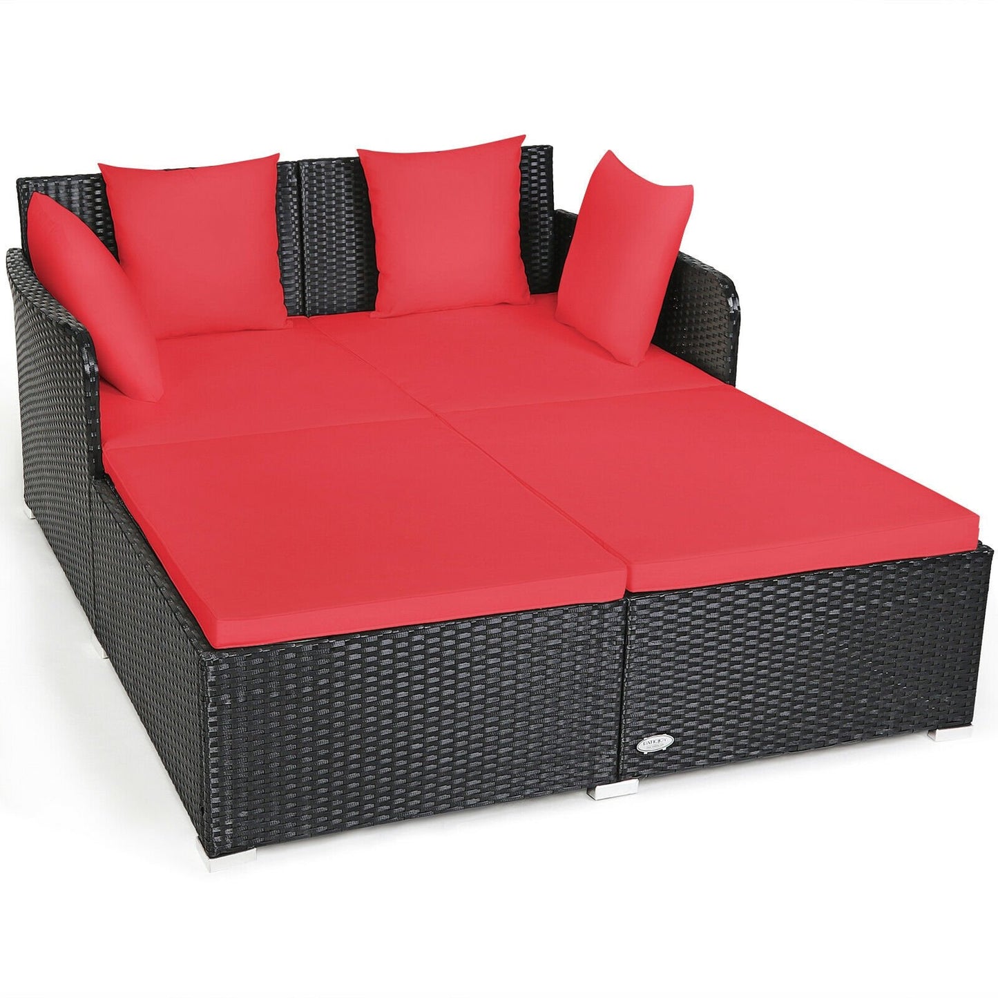 Spacious Outdoor Rattan Daybed with Upholstered Cushions and Pillows, Red Outdoor Sectionals   at Gallery Canada