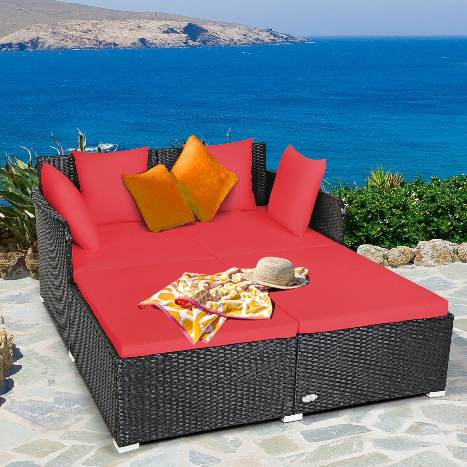 Spacious Outdoor Rattan Daybed with Upholstered Cushions and Pillows, Red Outdoor Sectionals   at Gallery Canada