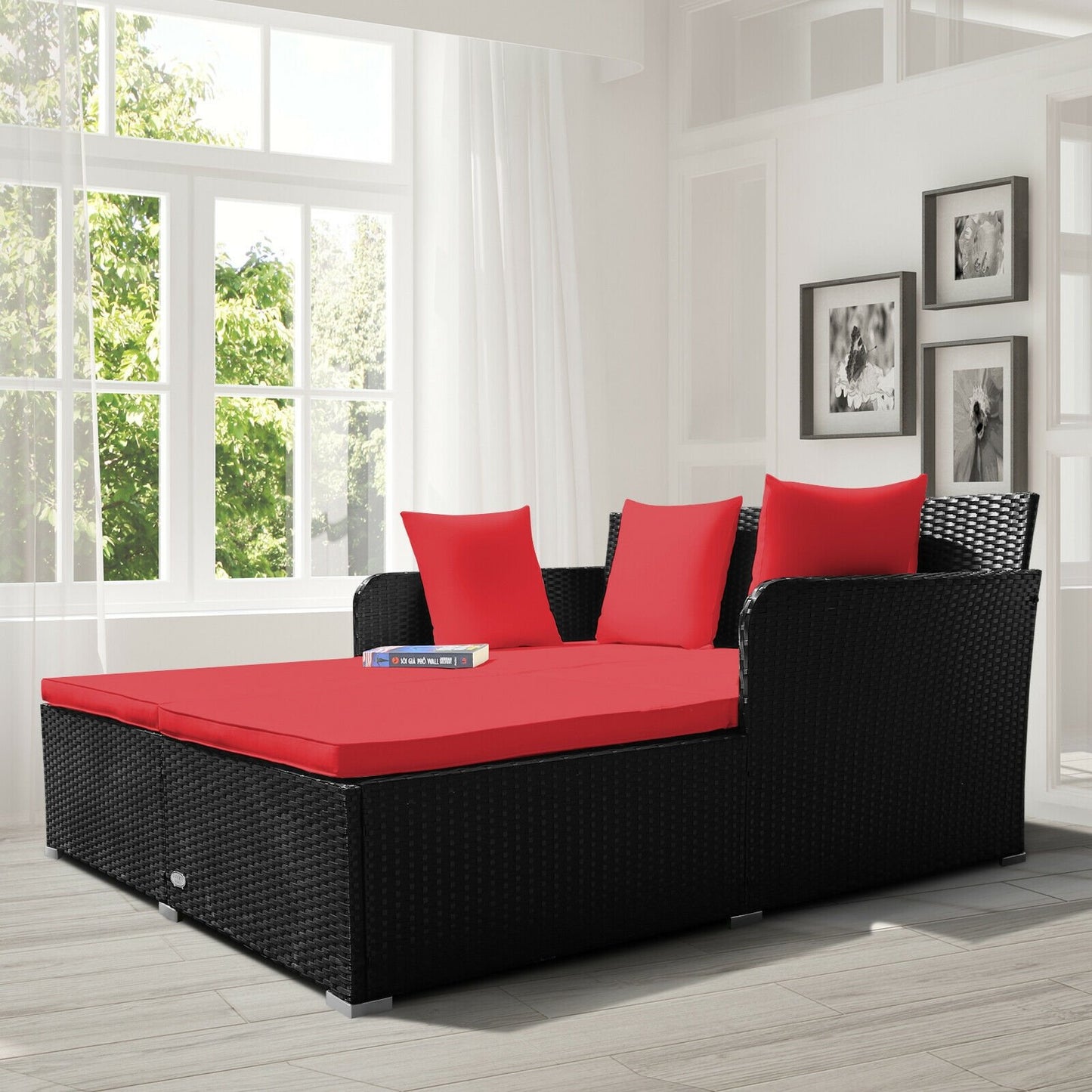 Spacious Outdoor Rattan Daybed with Upholstered Cushions and Pillows, Red Outdoor Sectionals   at Gallery Canada