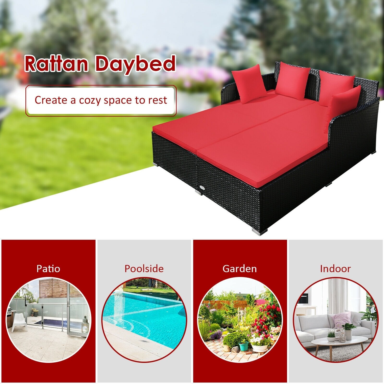 Spacious Outdoor Rattan Daybed with Upholstered Cushions and Pillows, Red Outdoor Sectionals   at Gallery Canada