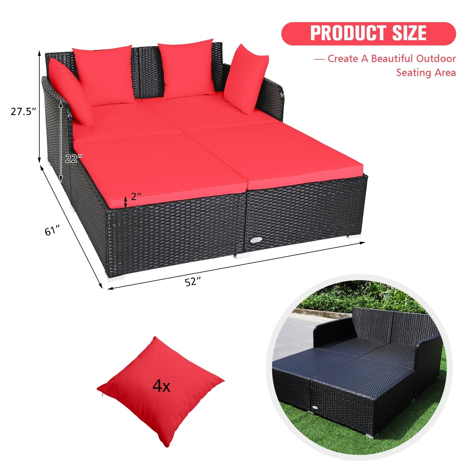 Spacious Outdoor Rattan Daybed with Upholstered Cushions and Pillows, Red Outdoor Sectionals   at Gallery Canada