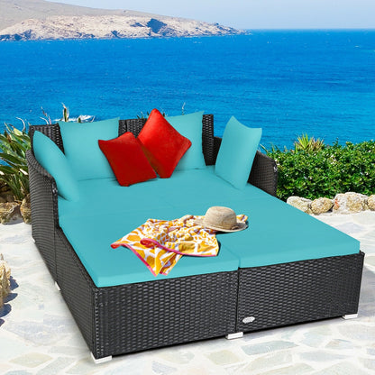 Spacious Outdoor Rattan Daybed with Upholstered Cushions and Pillows, Turquoise Outdoor Sectionals   at Gallery Canada