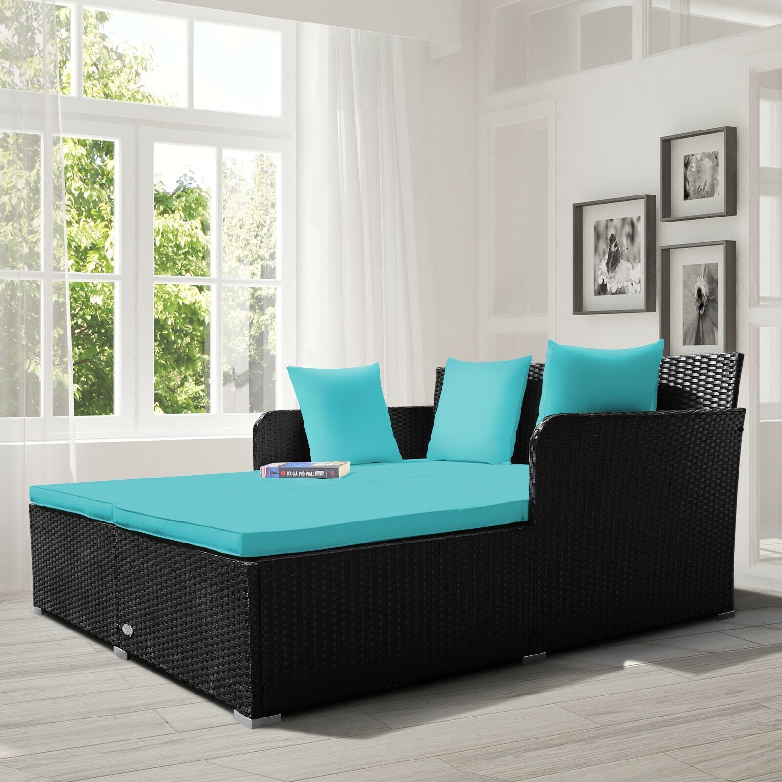 Spacious Outdoor Rattan Daybed with Upholstered Cushions and Pillows, Turquoise Outdoor Sectionals   at Gallery Canada