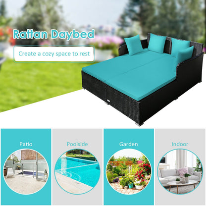 Spacious Outdoor Rattan Daybed with Upholstered Cushions and Pillows, Turquoise Outdoor Sectionals   at Gallery Canada