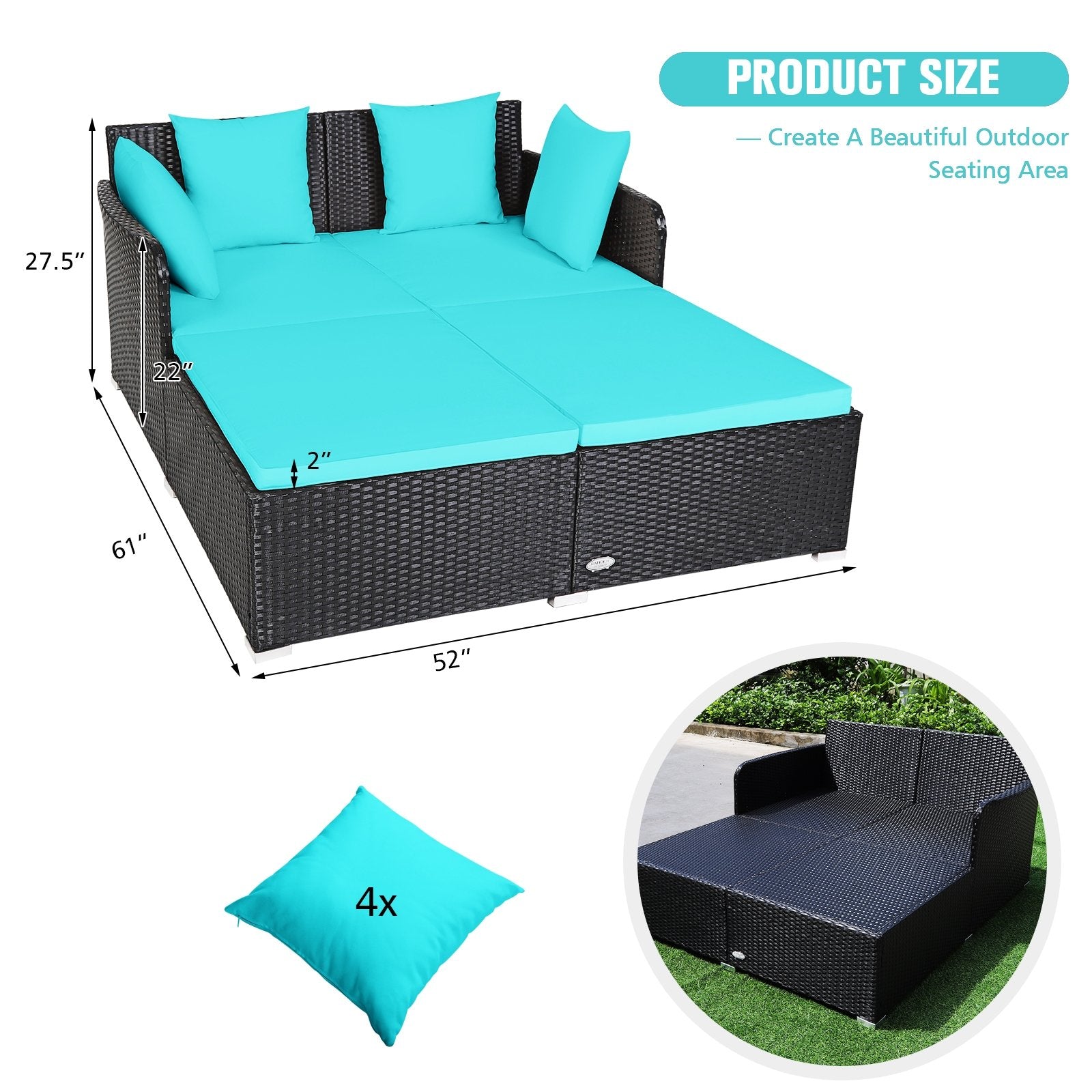 Spacious Outdoor Rattan Daybed with Upholstered Cushions and Pillows, Turquoise Outdoor Sectionals   at Gallery Canada