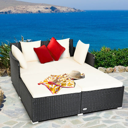 Spacious Outdoor Rattan Daybed with Upholstered Cushions and Pillows, White Outdoor Sectionals   at Gallery Canada