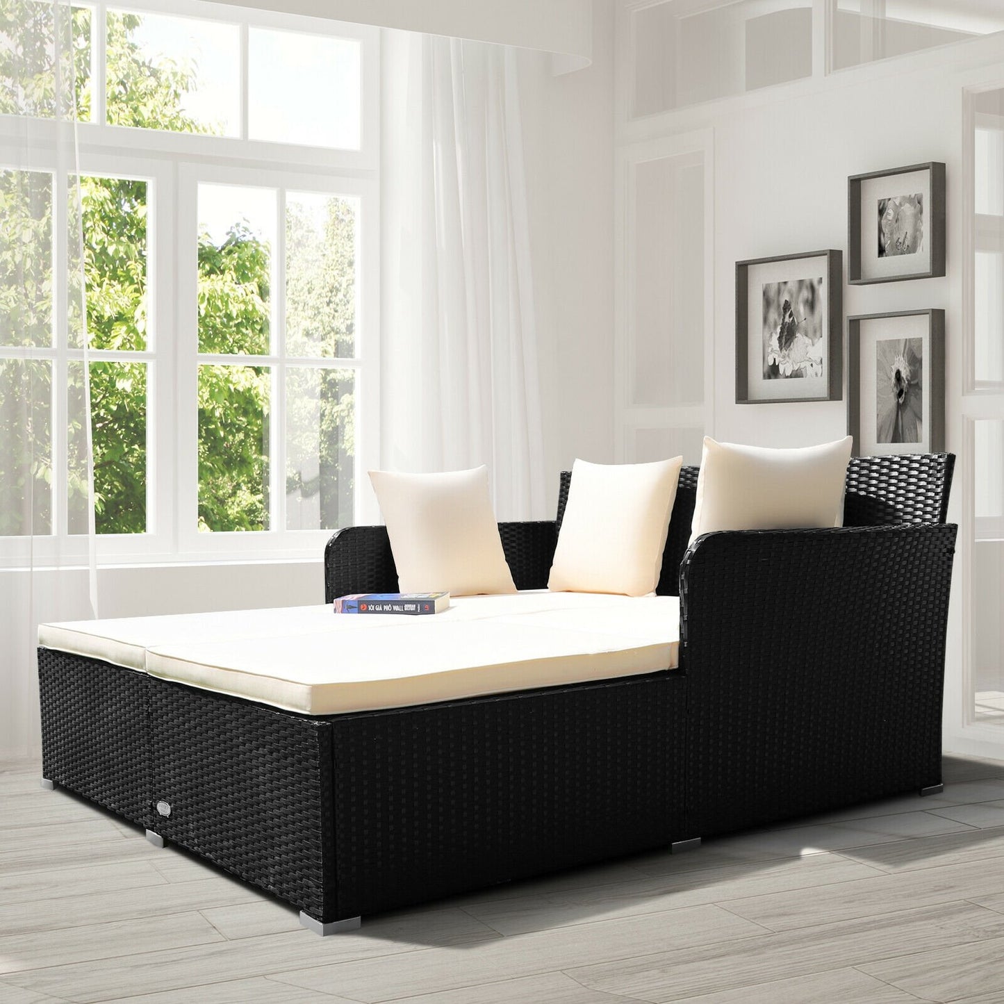 Spacious Outdoor Rattan Daybed with Upholstered Cushions and Pillows, White Outdoor Sectionals   at Gallery Canada