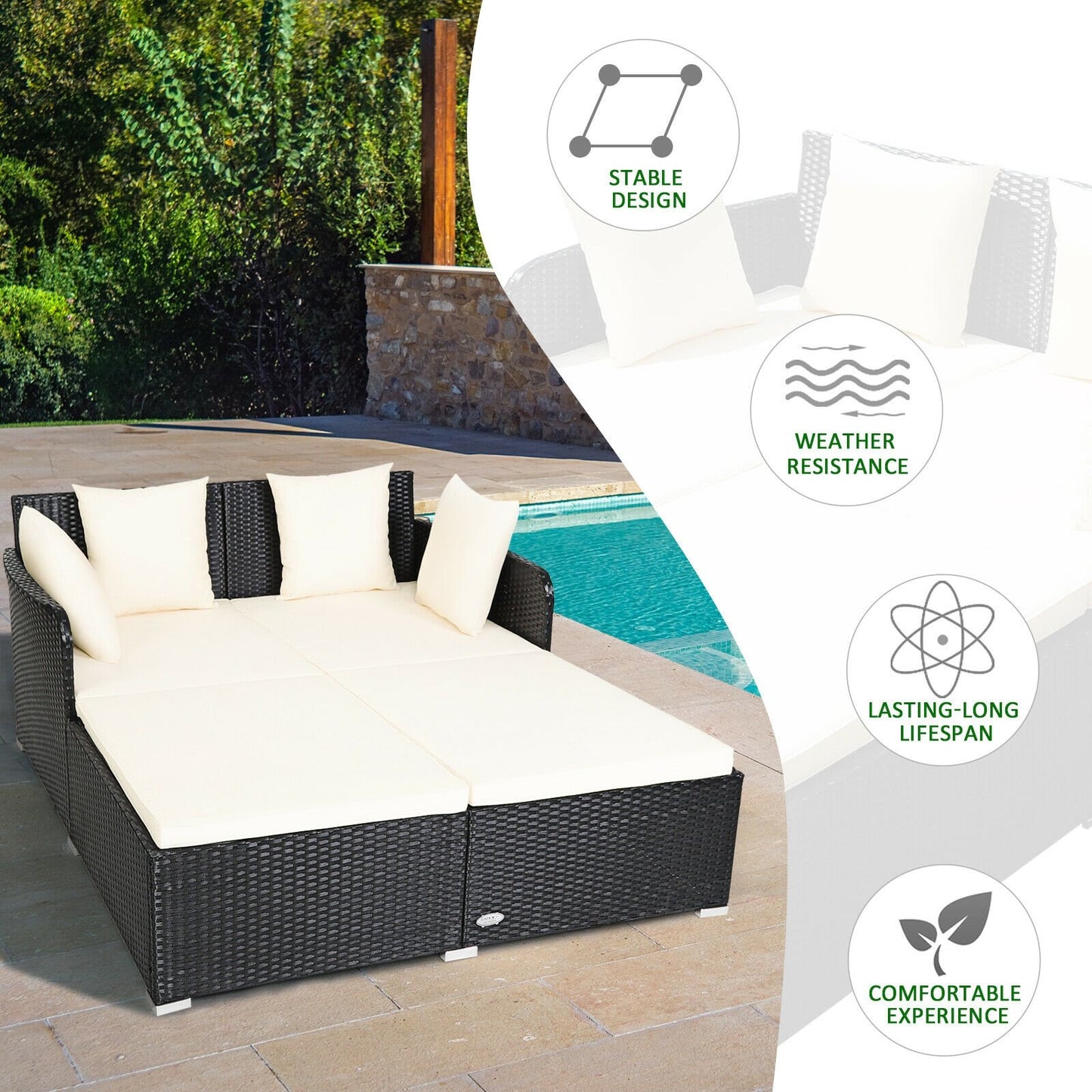 Spacious Outdoor Rattan Daybed with Upholstered Cushions and Pillows, White Outdoor Sectionals   at Gallery Canada