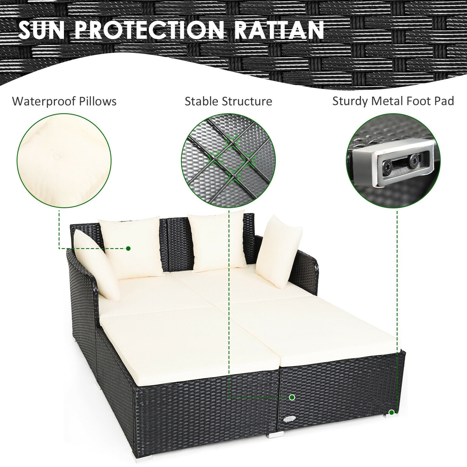 Spacious Outdoor Rattan Daybed with Upholstered Cushions and Pillows, White Outdoor Sectionals   at Gallery Canada