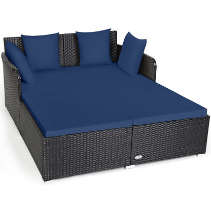 Spacious Outdoor Rattan Daybed with Upholstered Cushions and Pillows, Navy Outdoor Sectionals   at Gallery Canada