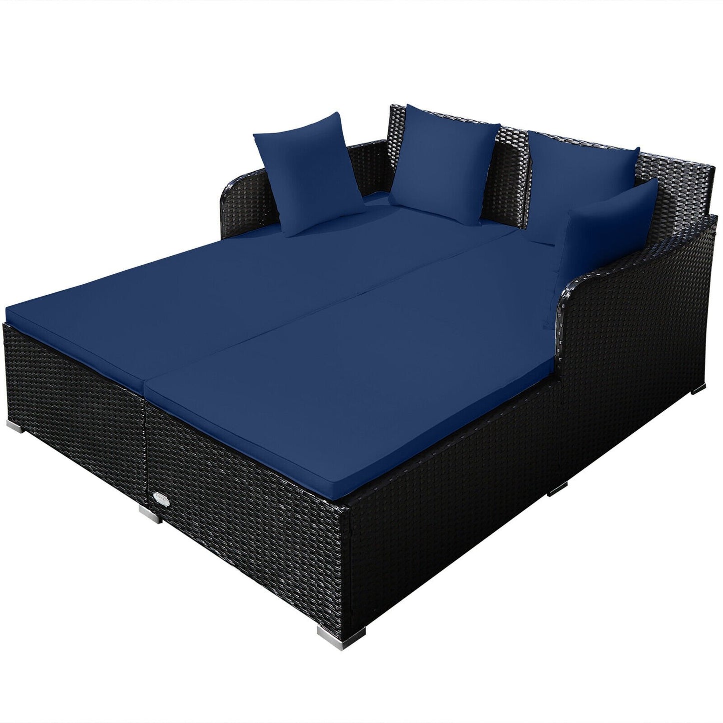 Spacious Outdoor Rattan Daybed with Upholstered Cushions and Pillows, Navy Outdoor Sectionals   at Gallery Canada