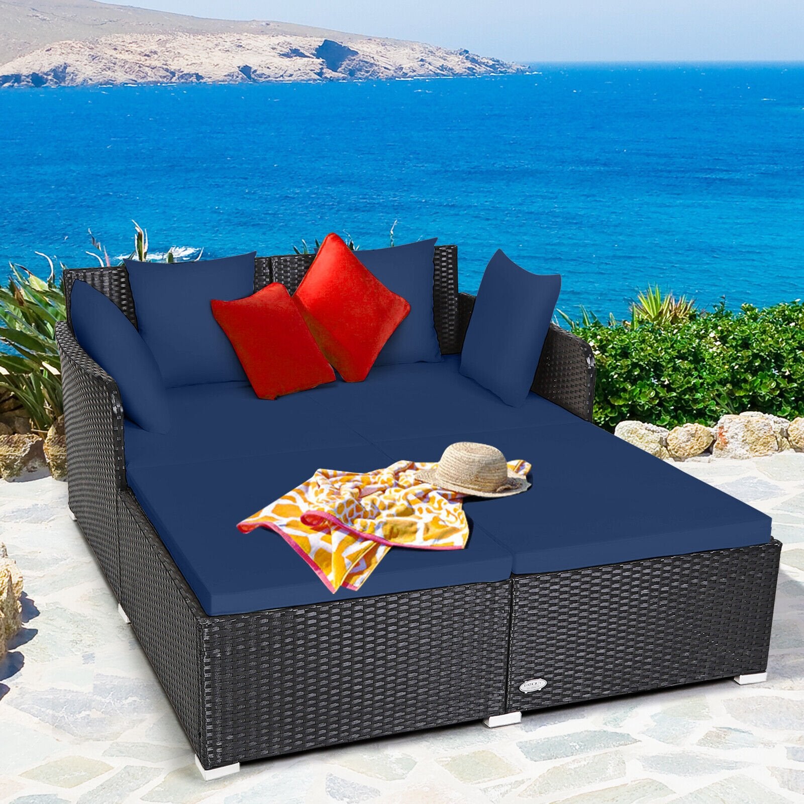 Spacious Outdoor Rattan Daybed with Upholstered Cushions and Pillows, Navy Outdoor Sectionals   at Gallery Canada