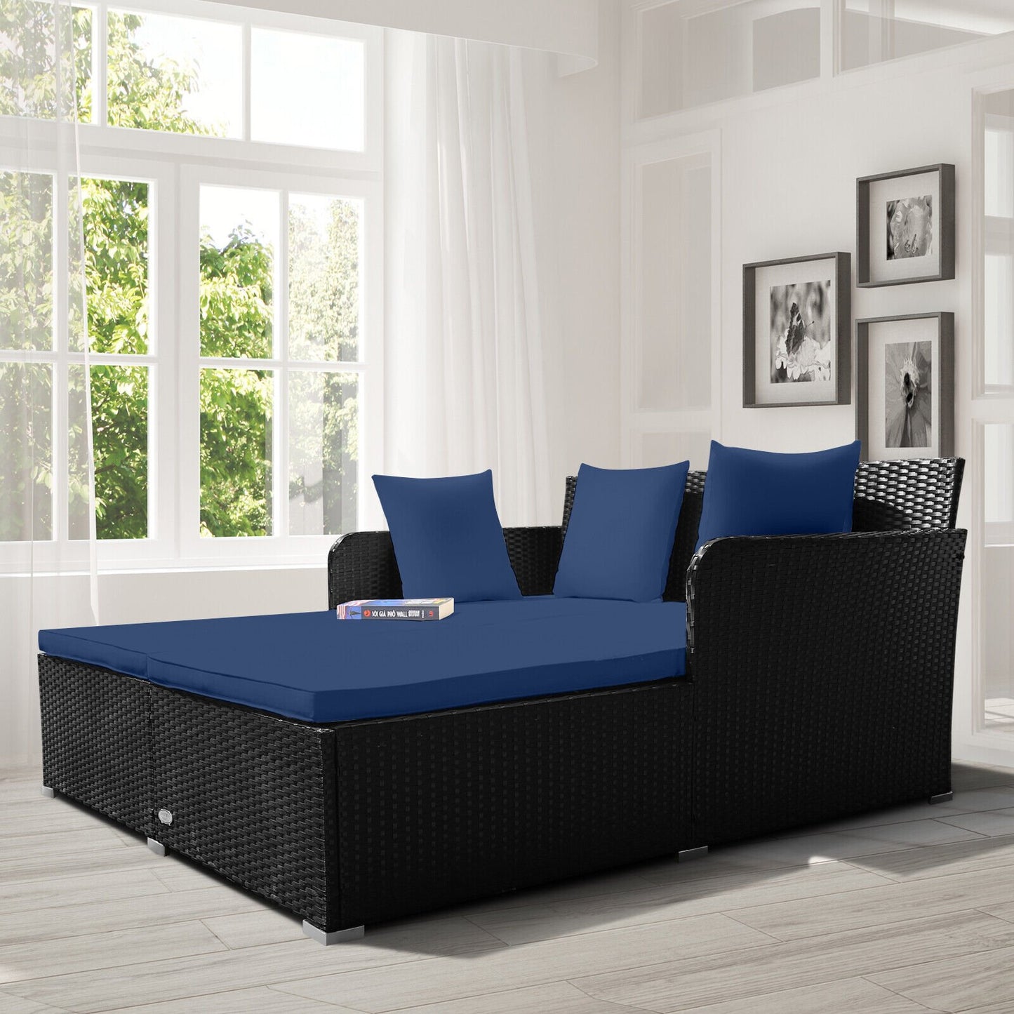 Spacious Outdoor Rattan Daybed with Upholstered Cushions and Pillows, Navy Outdoor Sectionals   at Gallery Canada