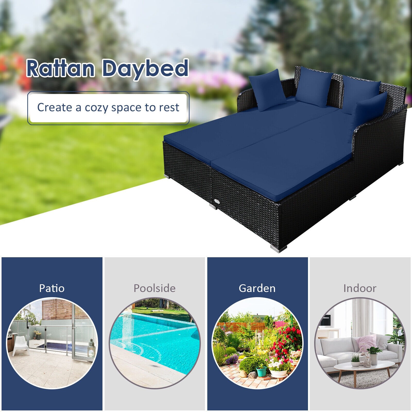 Spacious Outdoor Rattan Daybed with Upholstered Cushions and Pillows, Navy Outdoor Sectionals   at Gallery Canada