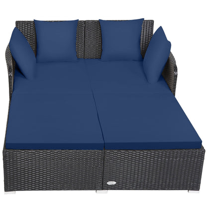 Spacious Outdoor Rattan Daybed with Upholstered Cushions and Pillows, Navy Outdoor Sectionals   at Gallery Canada