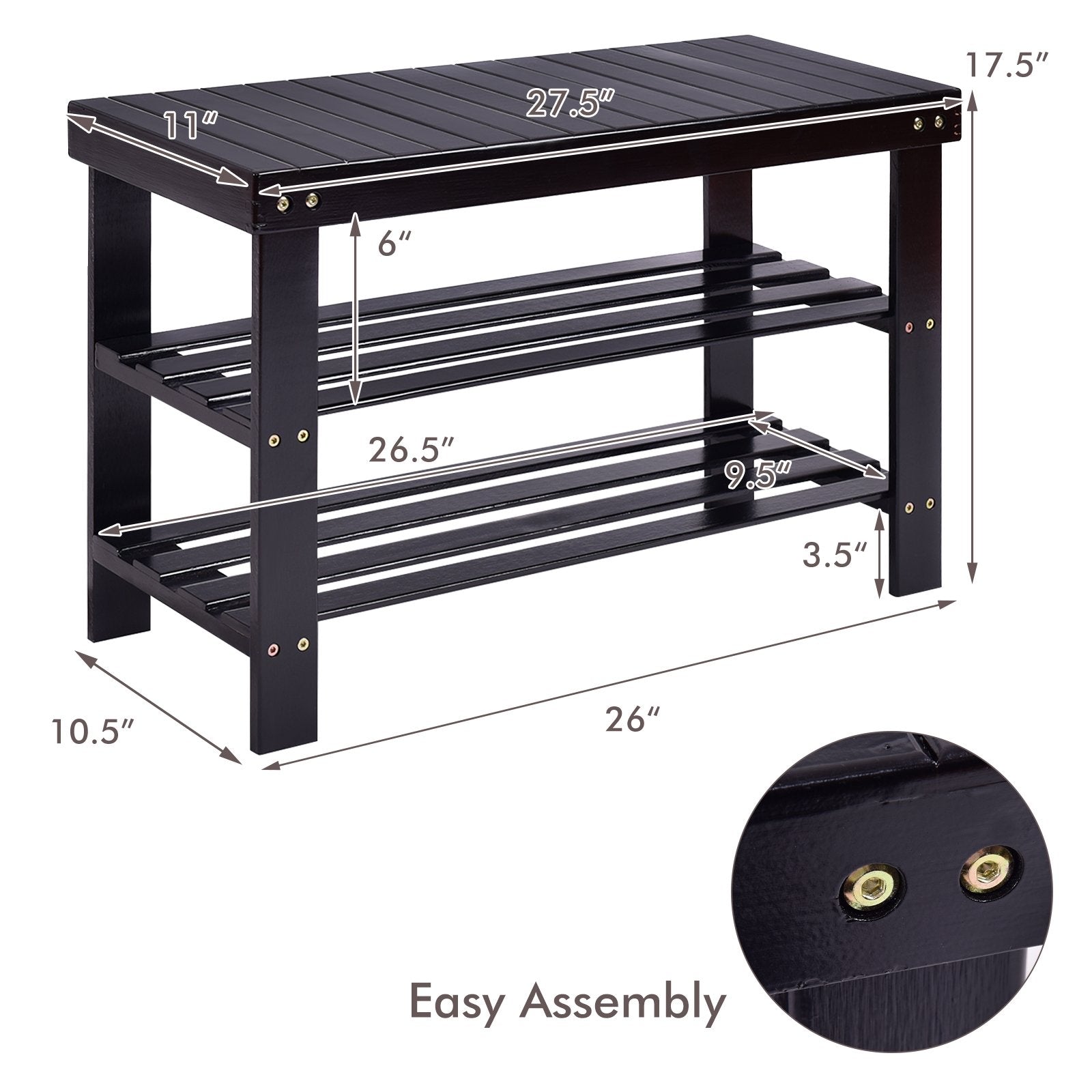 3 Tier Bamboo Bench Storage Shoe Shelf, Black Shoe Racks & Storage Benches   at Gallery Canada