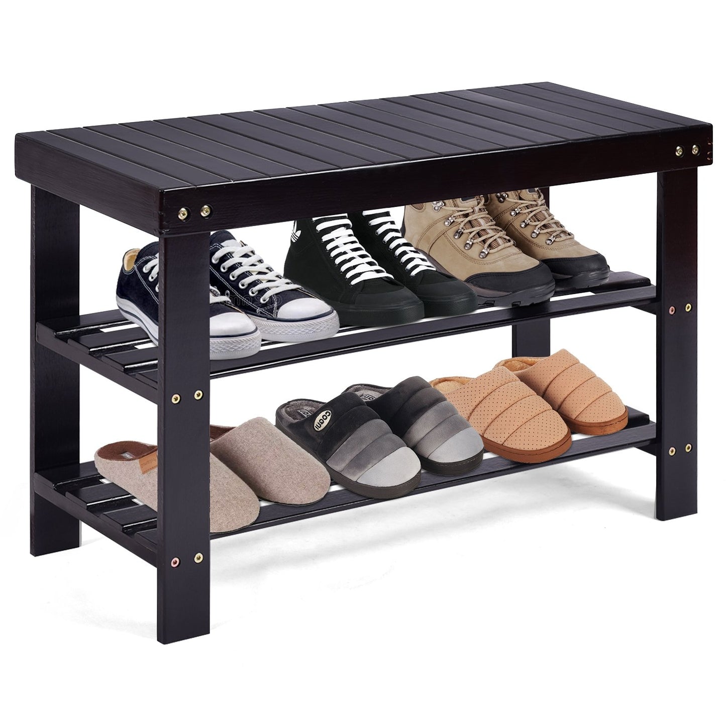 3 Tier Bamboo Bench Storage Shoe Shelf, Black Shoe Racks & Storage Benches   at Gallery Canada