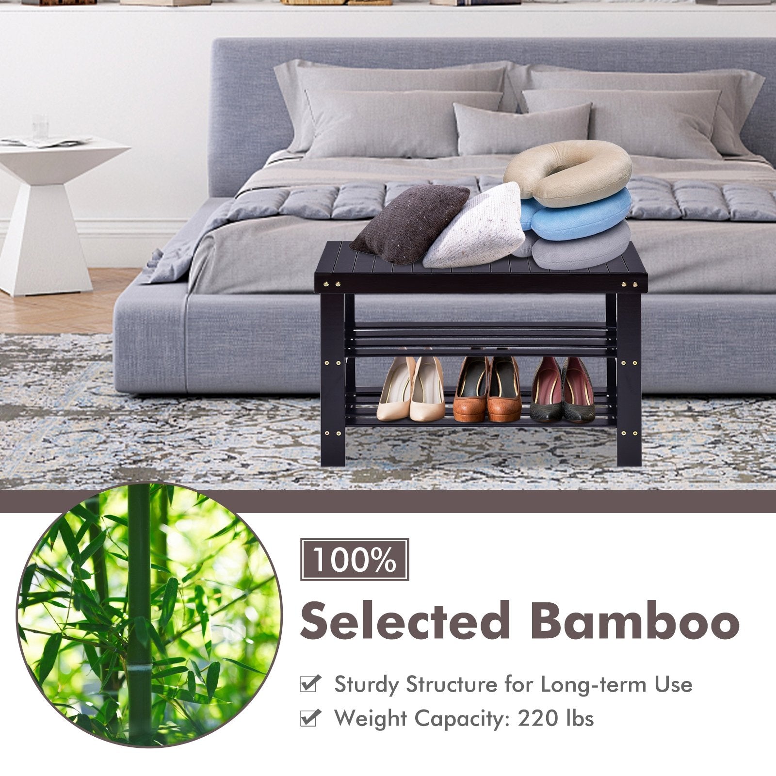 3 Tier Bamboo Bench Storage Shoe Shelf, Black Shoe Racks & Storage Benches   at Gallery Canada