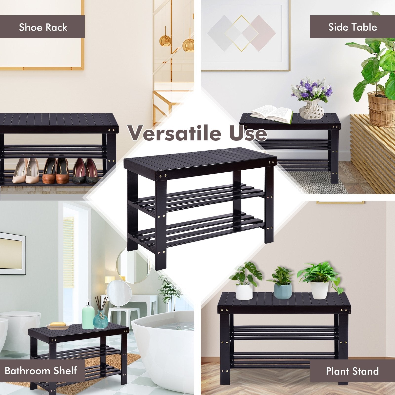 3 Tier Bamboo Bench Storage Shoe Shelf, Black Shoe Racks & Storage Benches   at Gallery Canada