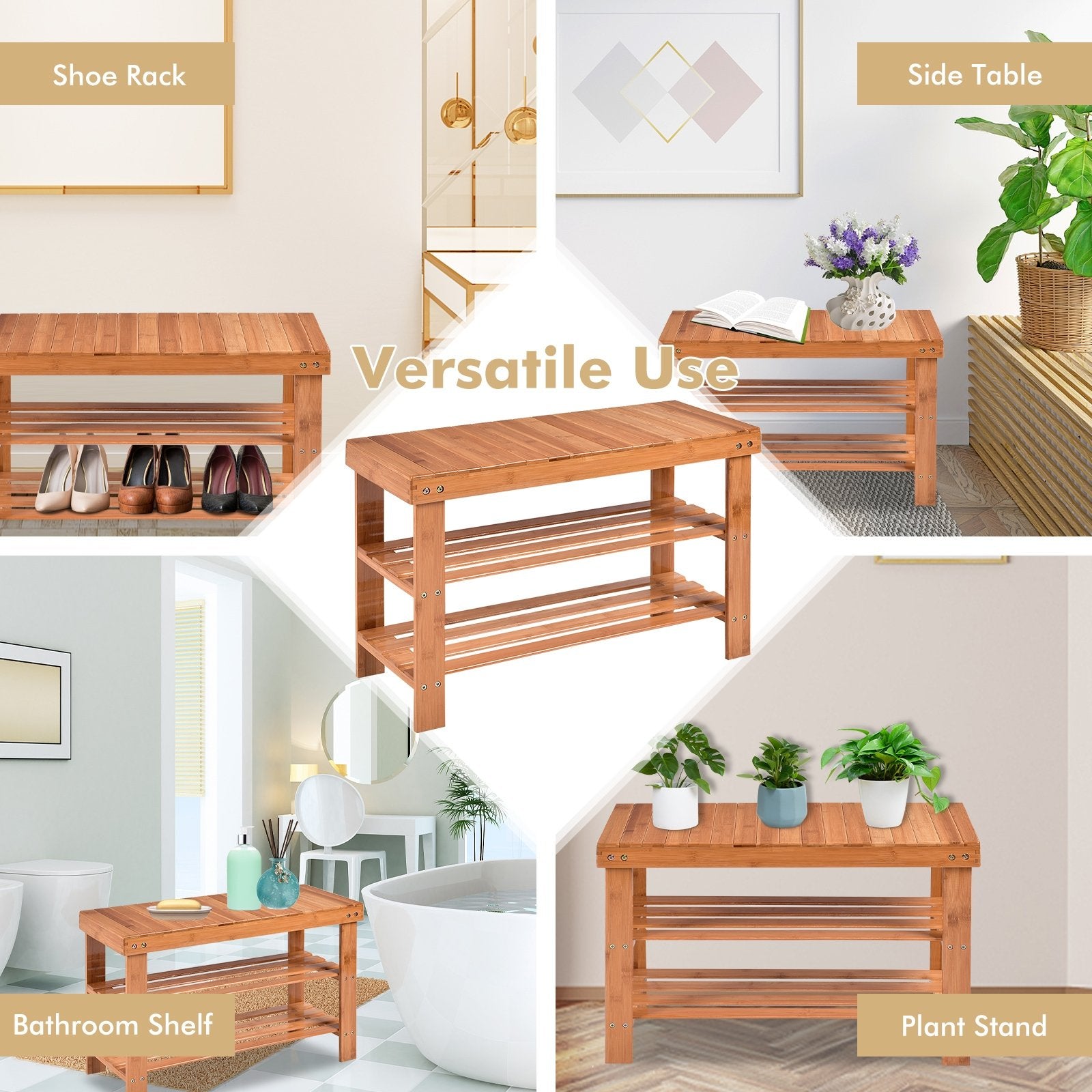 3 Tier Bamboo Bench Storage Shoe Shelf, Natural Shoe Racks & Storage Benches   at Gallery Canada