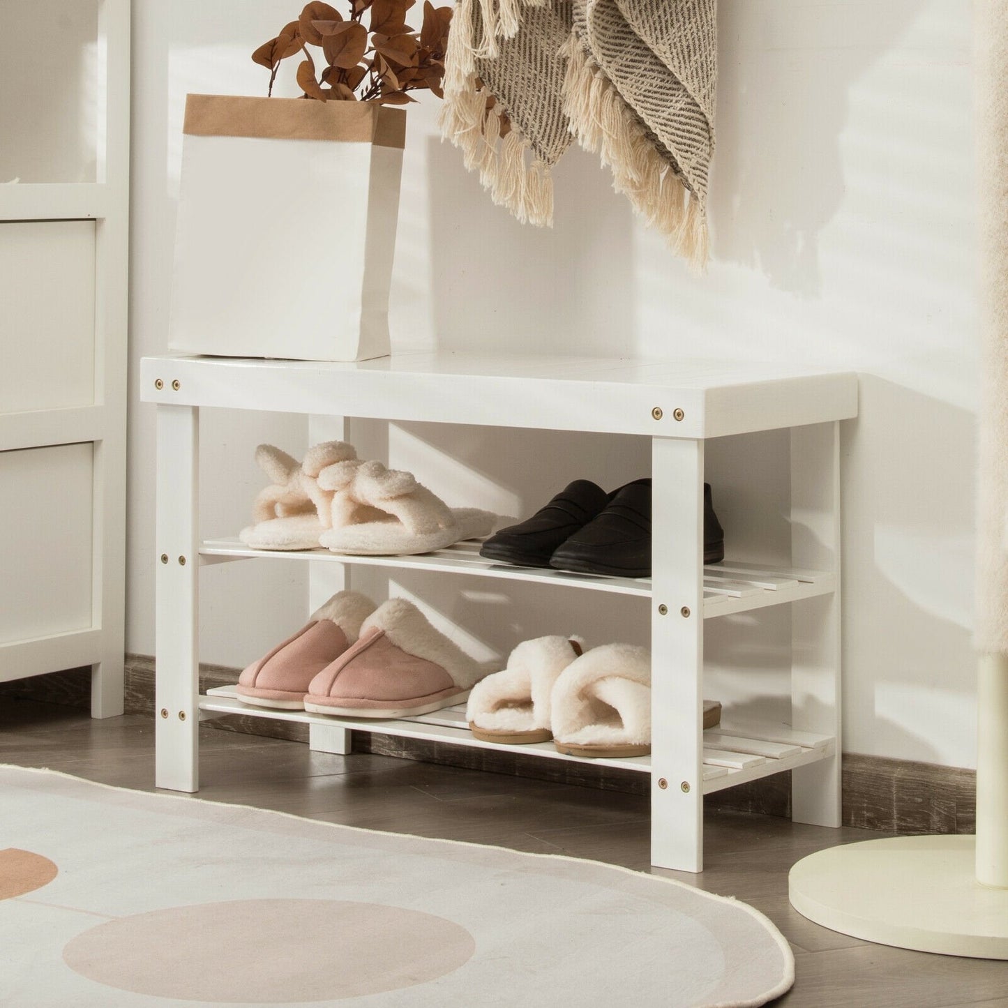 3-Tier Bamboo Shoe Bench Holds up to 6 Pairs for Entry, White Shoe Racks & Storage Benches   at Gallery Canada