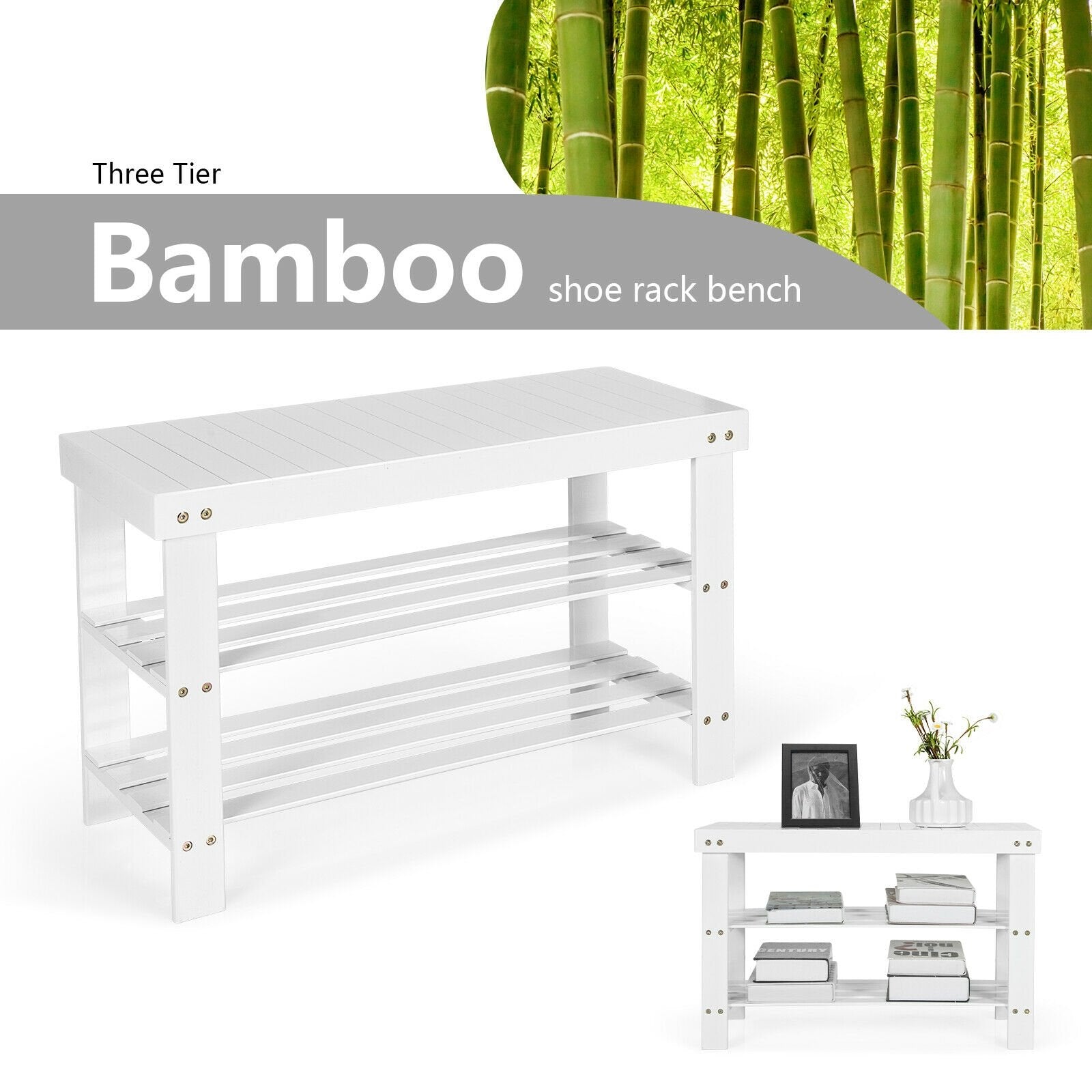 3-Tier Bamboo Shoe Bench Holds up to 6 Pairs for Entry, White Shoe Racks & Storage Benches   at Gallery Canada