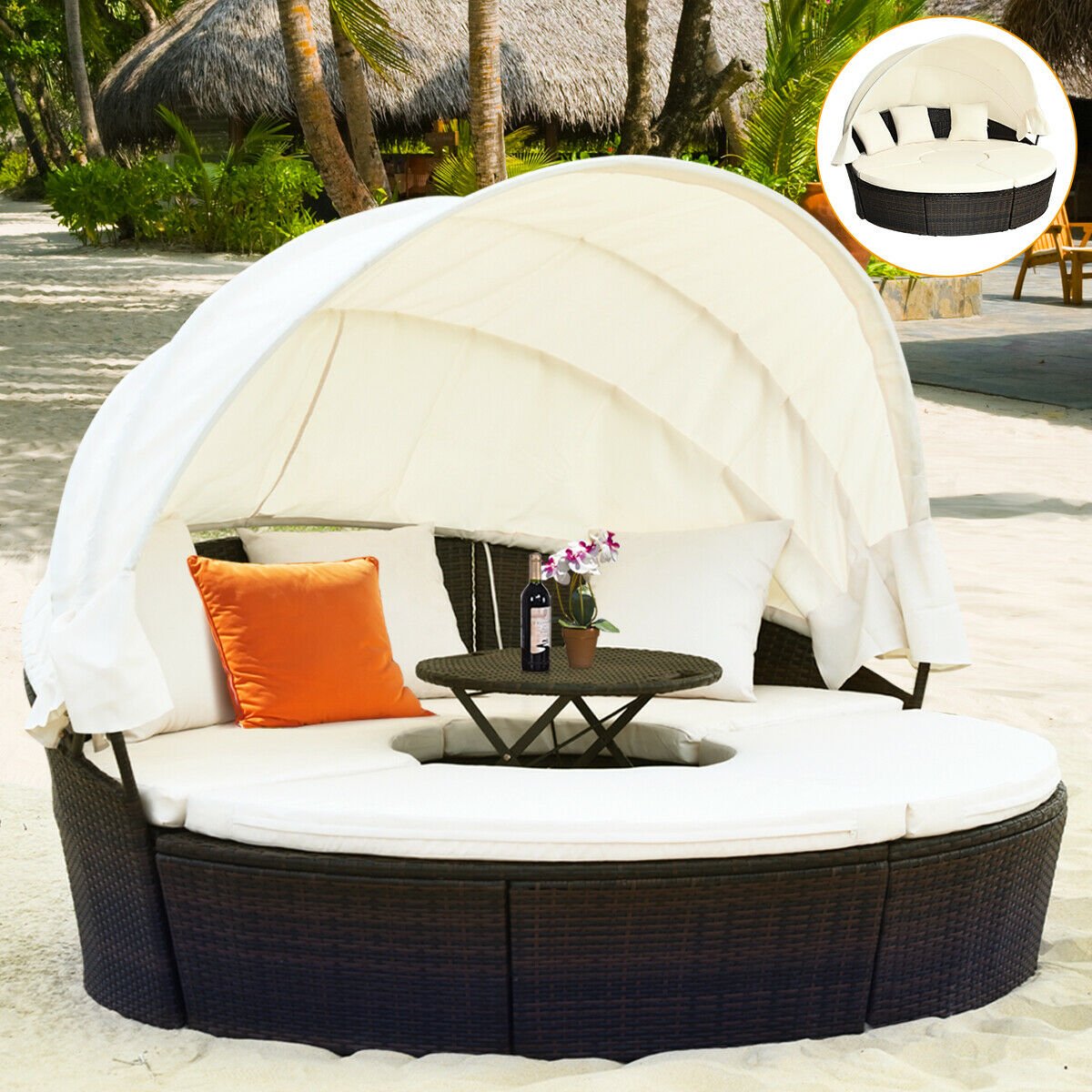 Patio Round Daybed Rattan Furniture Sets with Canopy, White Patio Furniture Sets   at Gallery Canada