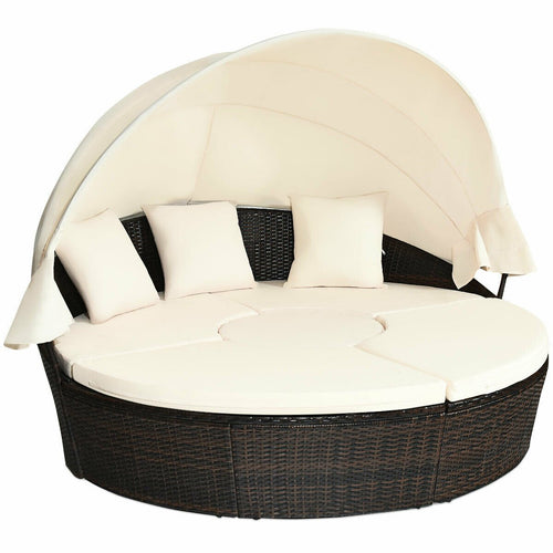 Patio Round Daybed Rattan Furniture Sets with Canopy, White