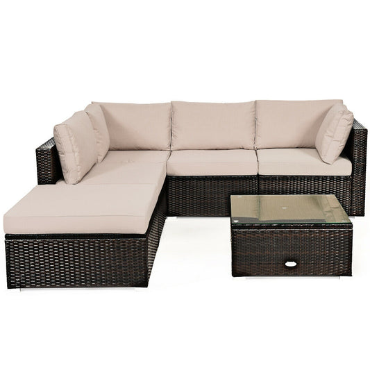 6 Pieces Outdoor Patio Rattan Furniture Set Sofa Ottoman, Beige Outdoor Sectionals Beige  at Gallery Canada