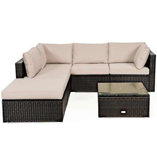 6 Pieces Outdoor Patio Rattan Furniture Set Sofa Ottoman, Beige