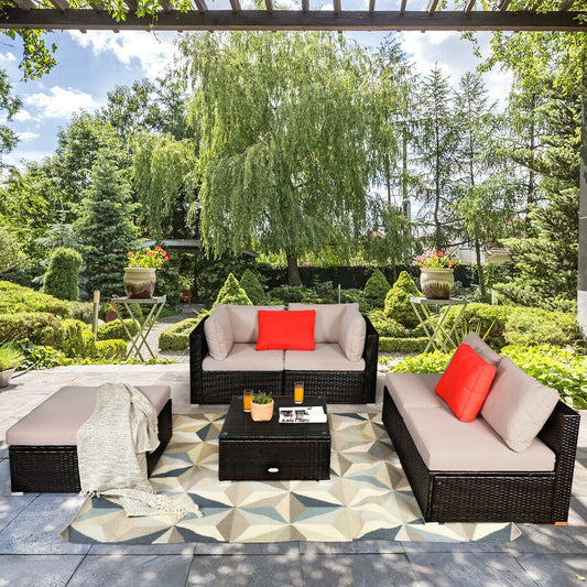 6 Pieces Outdoor Patio Rattan Furniture Set Sofa Ottoman, Beige Outdoor Sectionals Beige  at Gallery Canada