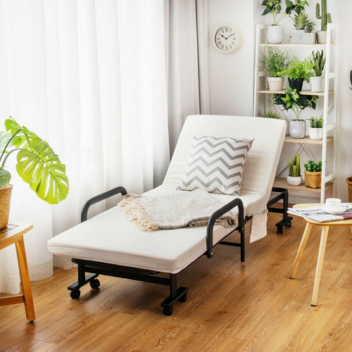 Folding Adjustable Guest Single Bed Lounge Portable with Wheels, White