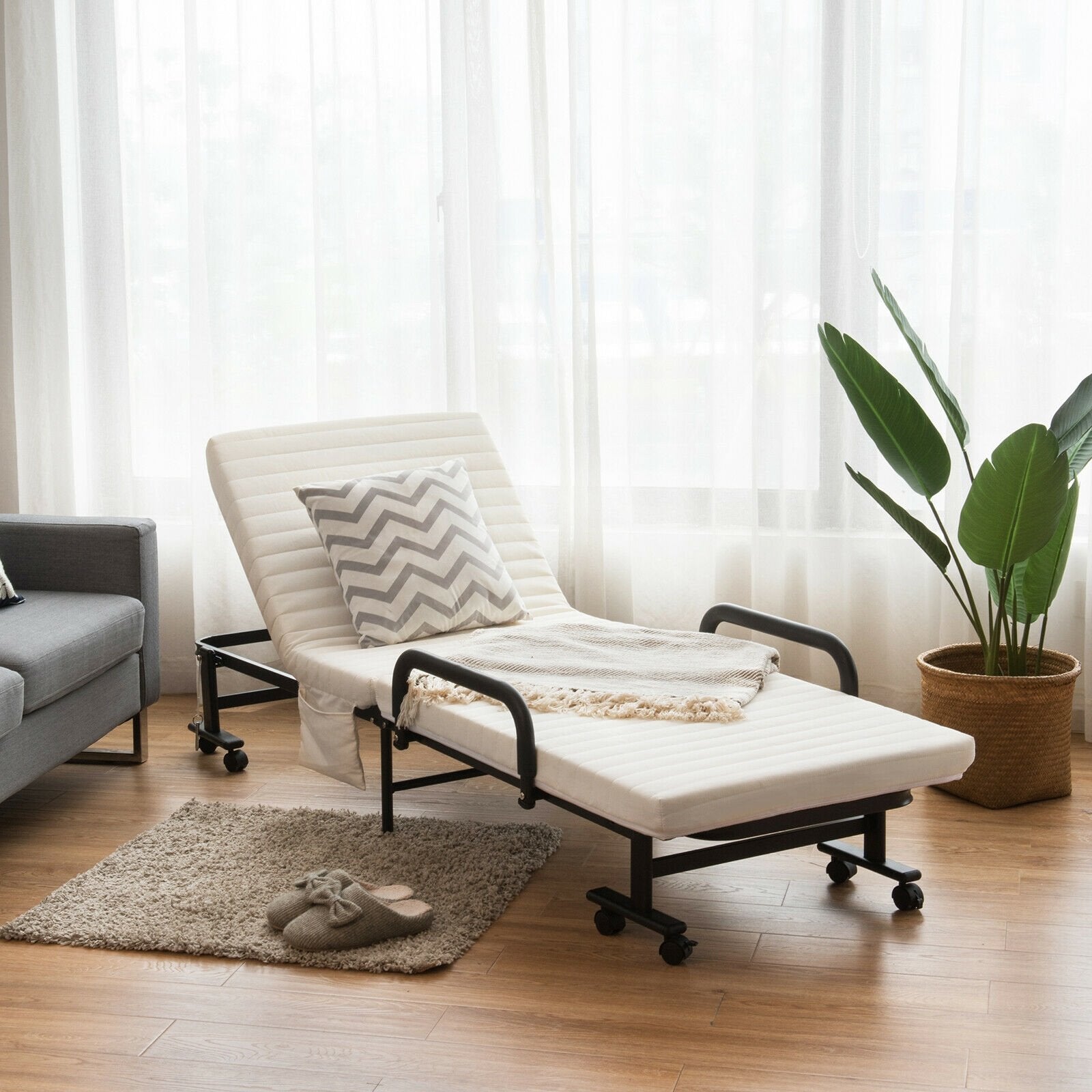 Folding Adjustable Guest Single Bed Lounge Portable with Wheels, White Folding Beds   at Gallery Canada