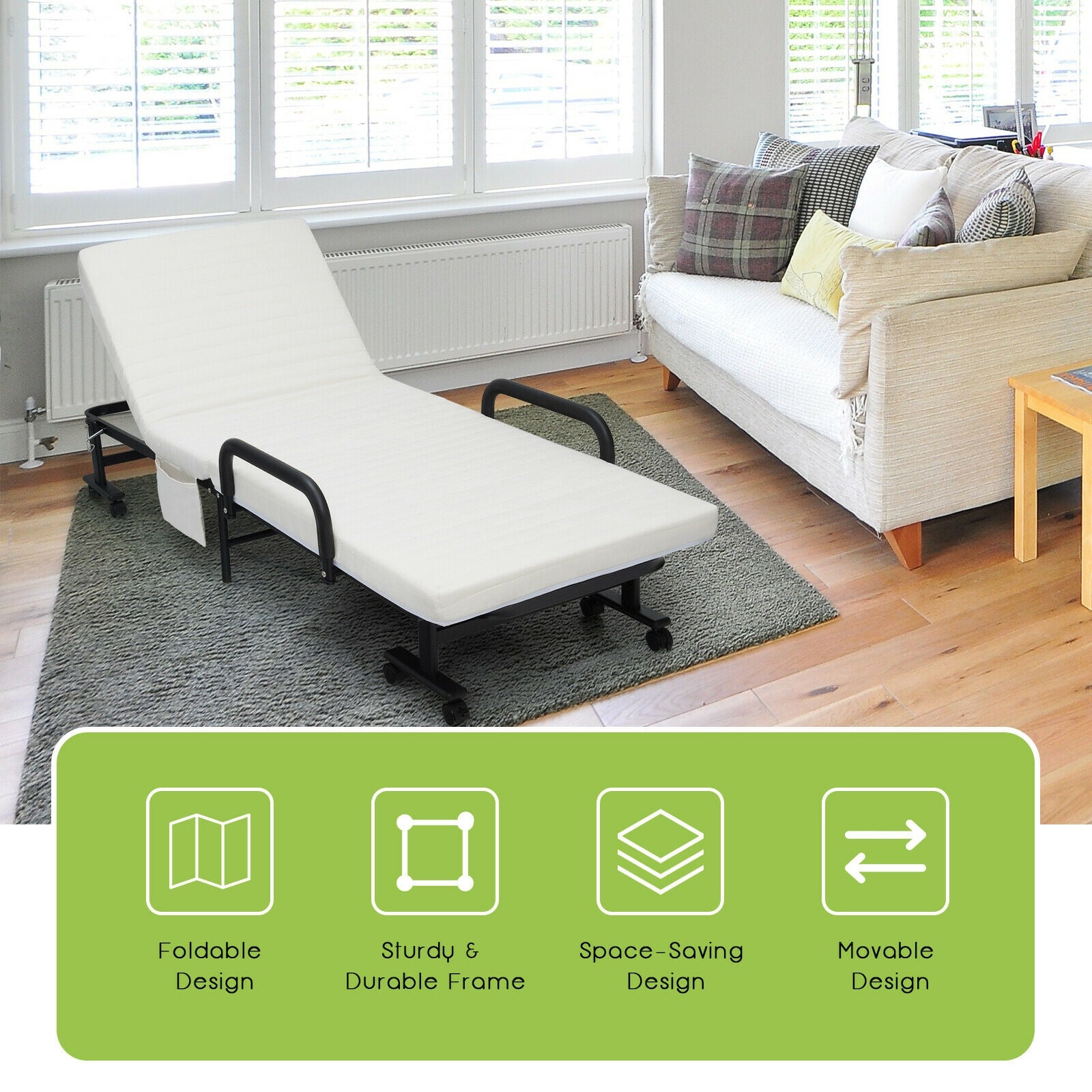 Folding Adjustable Guest Single Bed Lounge Portable with Wheels, White Folding Beds at Gallery Canada